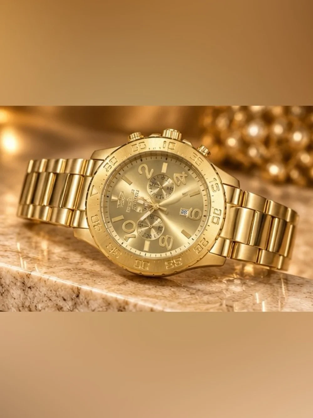 Men’s Gold Tone Chronograph Style Watch Large Dial Stainless Steel Look
